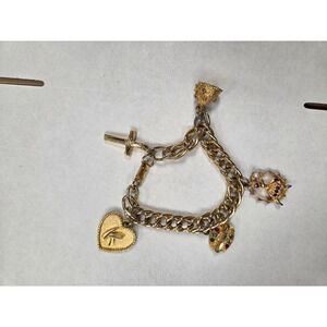 Vintage Charm Bracelet Gold Tone with K Charm Cross Bee Hive